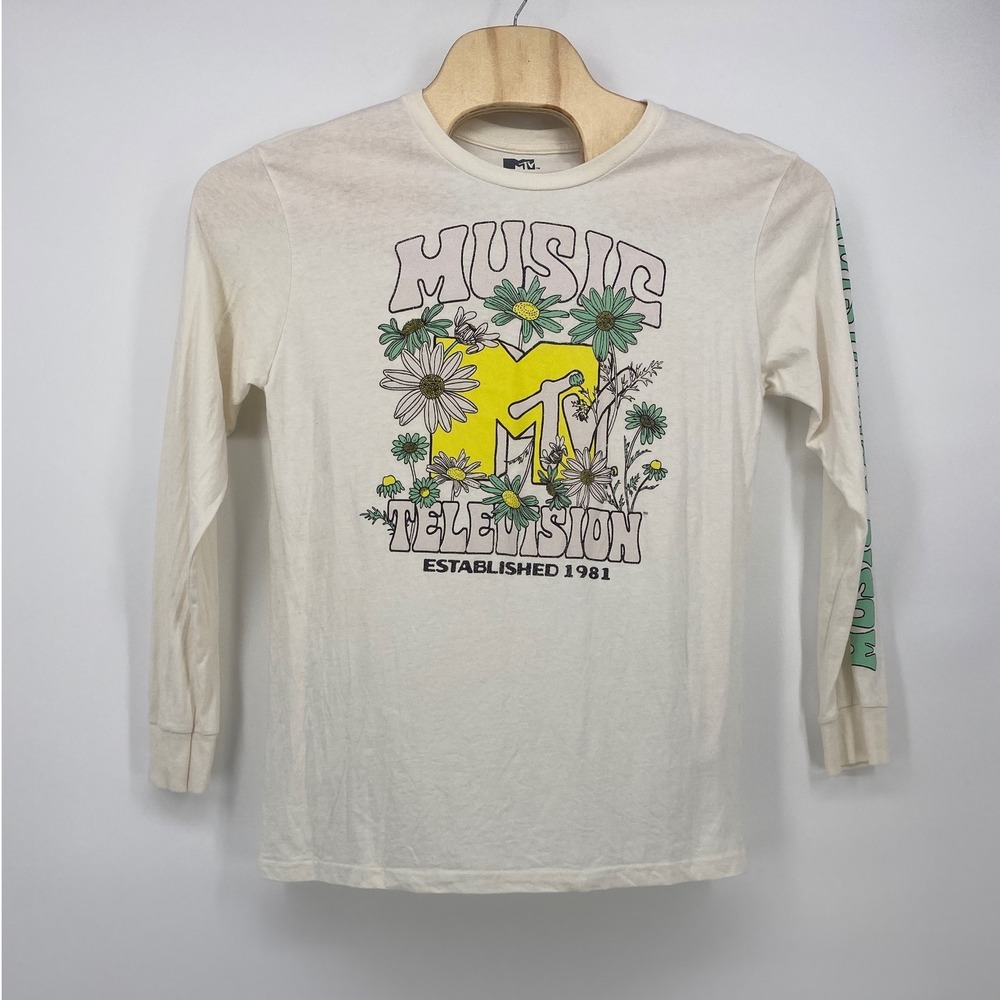 Vintage MTV Long Sleeve Graphic Tee Large Cream Retro Floral Music Shirt